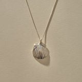 A silver shell pendant necklace with a textured, ribbed seashell design hanging from a delicate silver chain against a warm beige background.